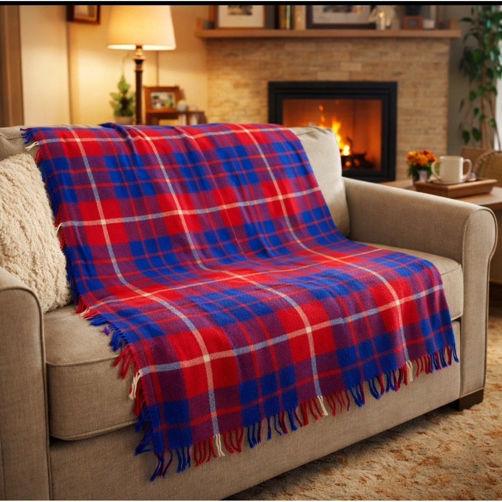 Faribo Faribault Woolen Mill Red Blue Plaid Acrylic Throw Blanket Fringe USA‎